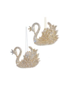 Set 2 ornamente lebădă cu coroană auriu 8cm