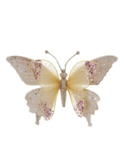 Ornament fluture auriu cu paiete roz 15cm