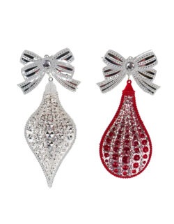 Set 2 ornamente picături roșu și argintiu cu fundiță 15cm